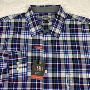 Van Heusen Dress Shirt Mens Large Purple/Blue Plaid Slim Fit Stretch NWT!